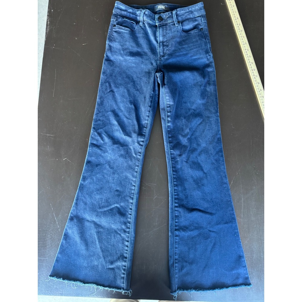 PAIGE Genevieve High Rise Flare Jeans Dark Indigo Raw Hem Size 24 - Picture 1 of 8